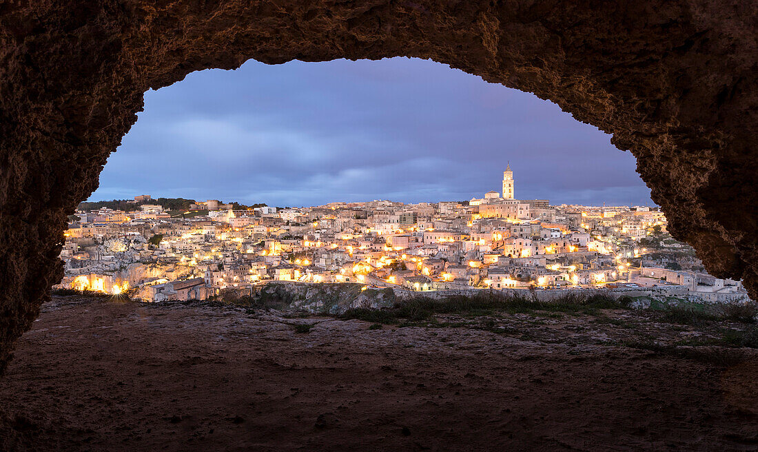 Matera seen from the cave, Matera province, Basilicata district, Italy, Europe