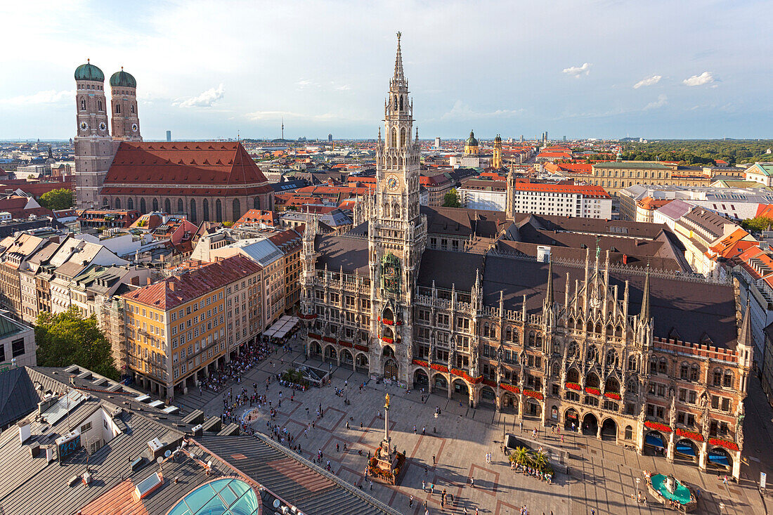 Overview of Town Hall (Rathaus) and Frauenkirche from St. Peter bell tower, Marienplatz, Munich, Bavaria, Germany.