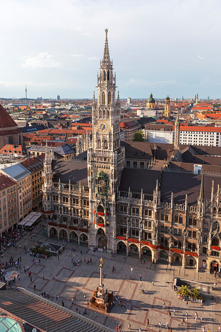 Overview of Town Hall (Rathaus) from St. Peter bell tower, Marienplatz, Munich, Bavaria, Germany.