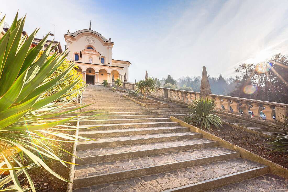 Entrance stairway at San Girolamo Emiliani Cathedral, Somasca, Vercurago, Val San Martino, Lombardy, Italy, Europe.