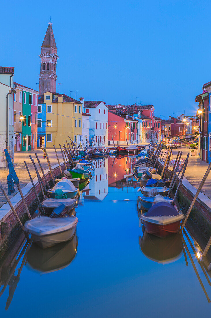 Canal and colorful houses in the evening on Burano Island, Venice, Italy