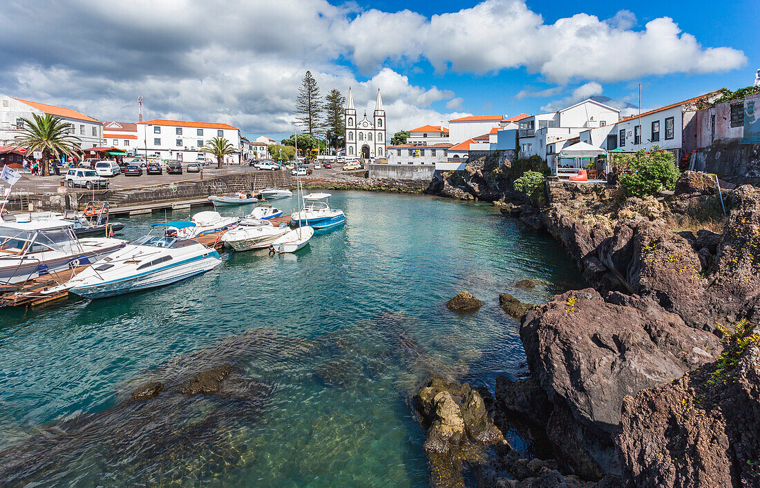 Portugal, Azores, Pico Island, Madalena, harbor view with the Igreja de Santa Madalena church