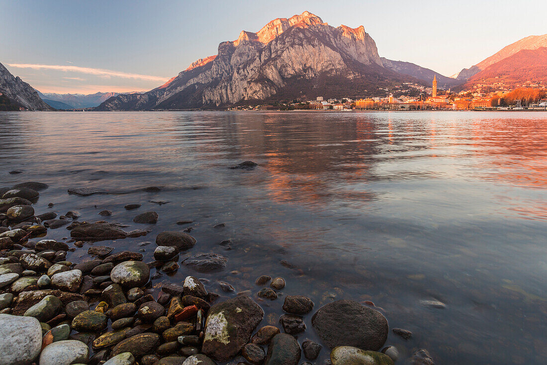 View of Lake Como surrounding the city of Lecco during sunset,Lombardy,Italy