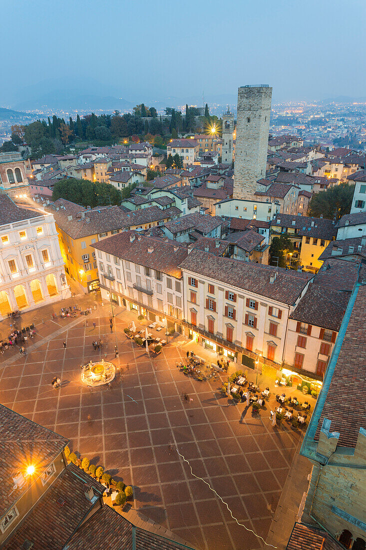 Piazza Vecchia from above at dusk, Bergamo, Lombardy, Italy.