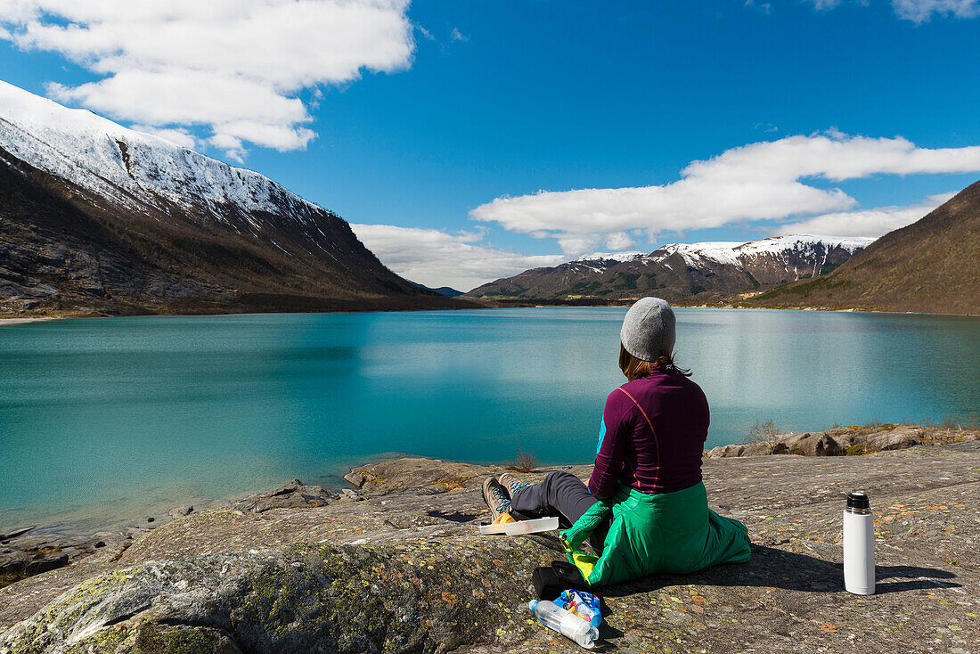 Hiking at Svatisvatnet glacierlake, Nordland, Norway