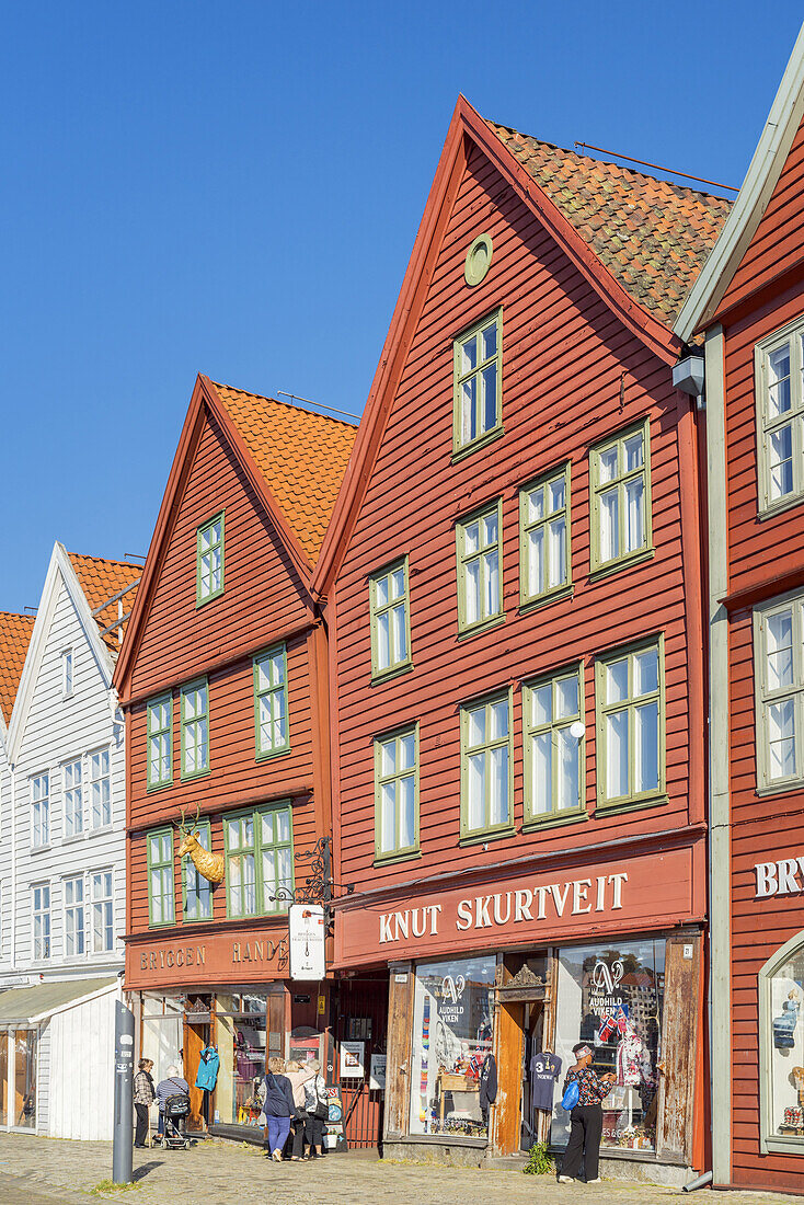 Historic wooden houses in the hanseatic quater Bryggen, old town of Bergen, Hordaland, Southern norway, Norway, Scandinavia, Northern Europe, Europe