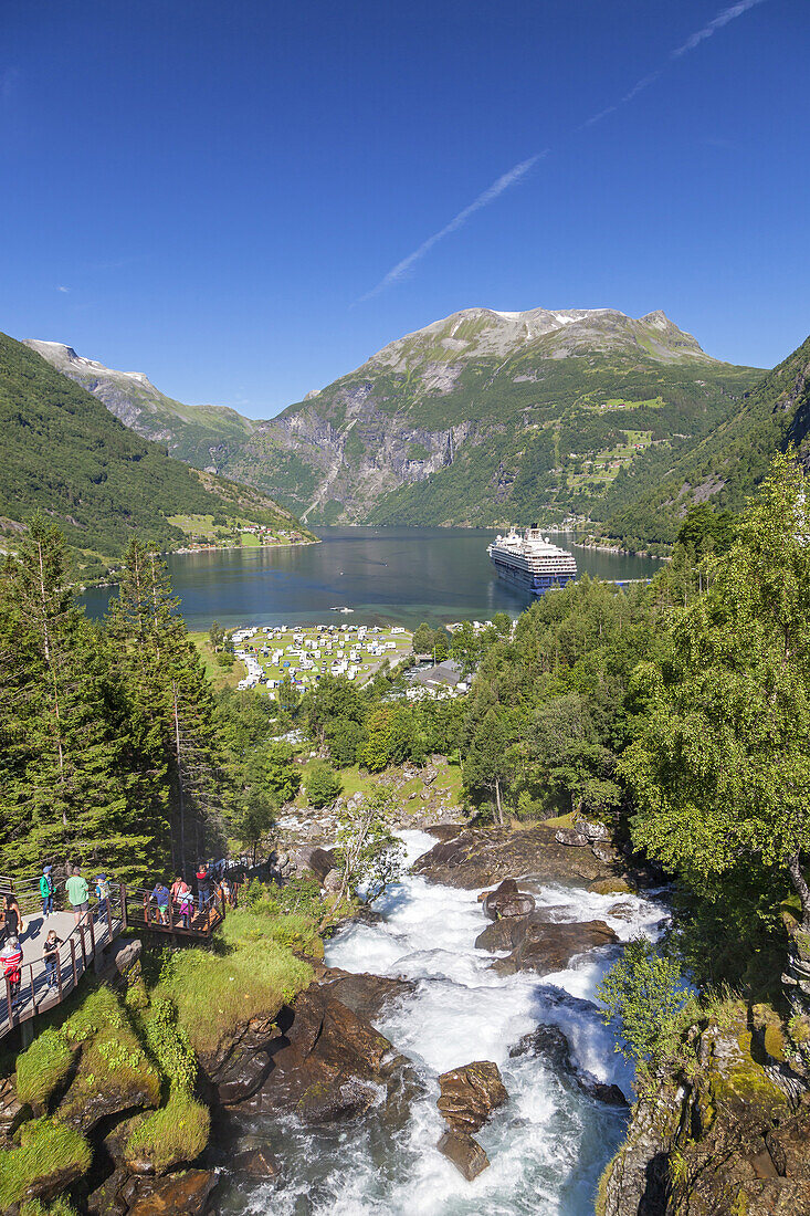 View from waterfall Storfossen over fjord Geirangerfjord and mountain Eidshornet, Geiranger, More and Romsdal, Fjord norway, Southern norway, Norway, Scandinavia, Northern Europe, Europe
