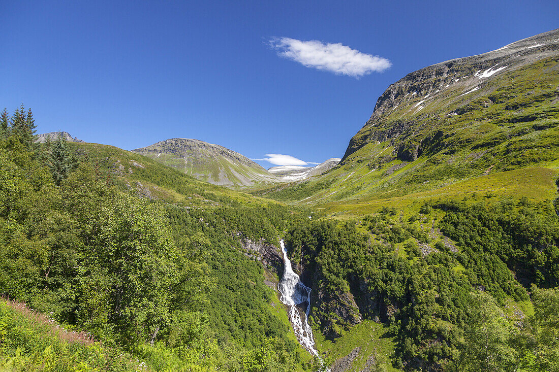 Waterfall in fjord Geirangerfjord, Geiranger, More and Romsdal, Fjord norway, Southern norway, Norway, Scandinavia, Northern Europe, Europe