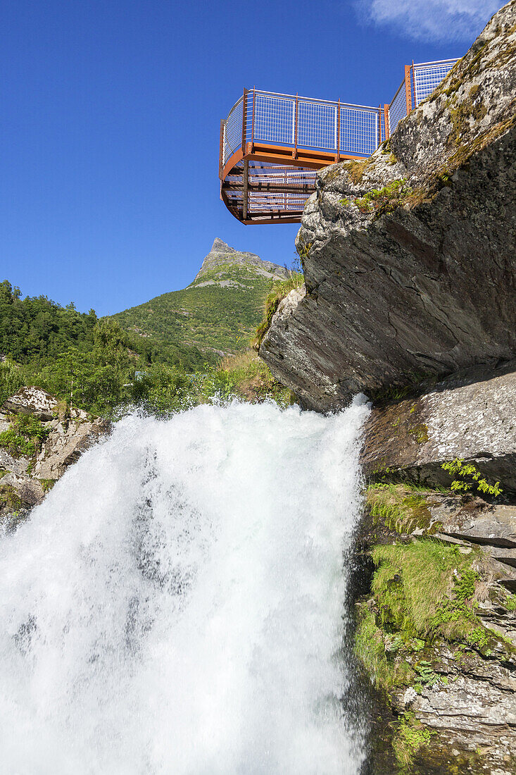 Waterfall Storfossen and viewpoint above the fjord Geirangerfjord, Geiranger, More and Romsdal, Fjord norway, Southern norway, Norway, Scandinavia, Northern Europe, Europe