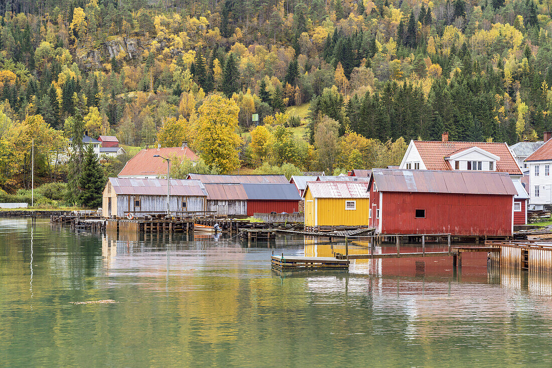 Houses in Solvorn by the fjord Lusterfjord, Sogn og Fjordane, Fjord norway, Southern norway, Norway, Scandinavia, Northern Europe, Europe