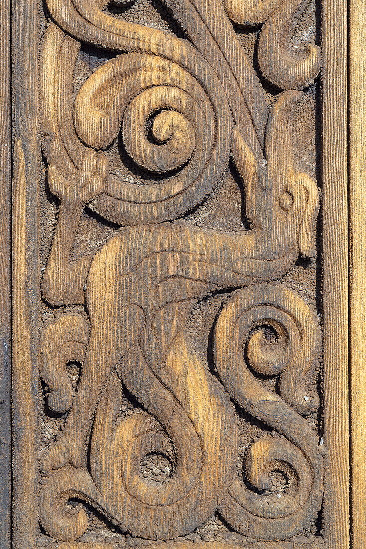 Carvings of the stave church Heddal, Notodden, Telemark, Østlandet, Southern norway, Norway, Scandinavia, Northern Europe, Europe