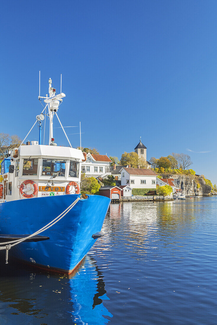 Boat in the harbour of Brevik on the isle Sylterøya, Porsgrunn, Telemark, Østlandet, Southern Norway, Norway, Scandinavia, Northern Europe, Europe