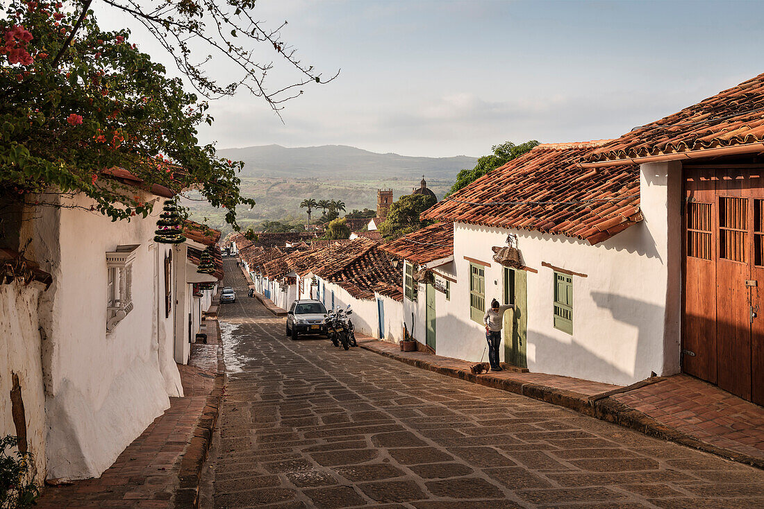steep alleys with fantastic views at surrounding area and the Cathedral of Barichara, Departmento Santander, Colombia, Southamerica
