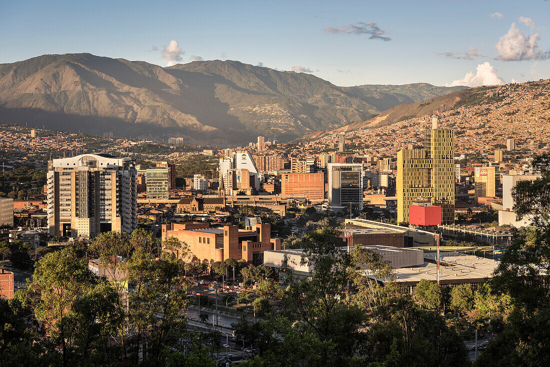 view from Cerro de Nutibara at downtown Medellin with skyscrapers and Andean Peaks, Departmento Antioquia, Colombia, Southamerica