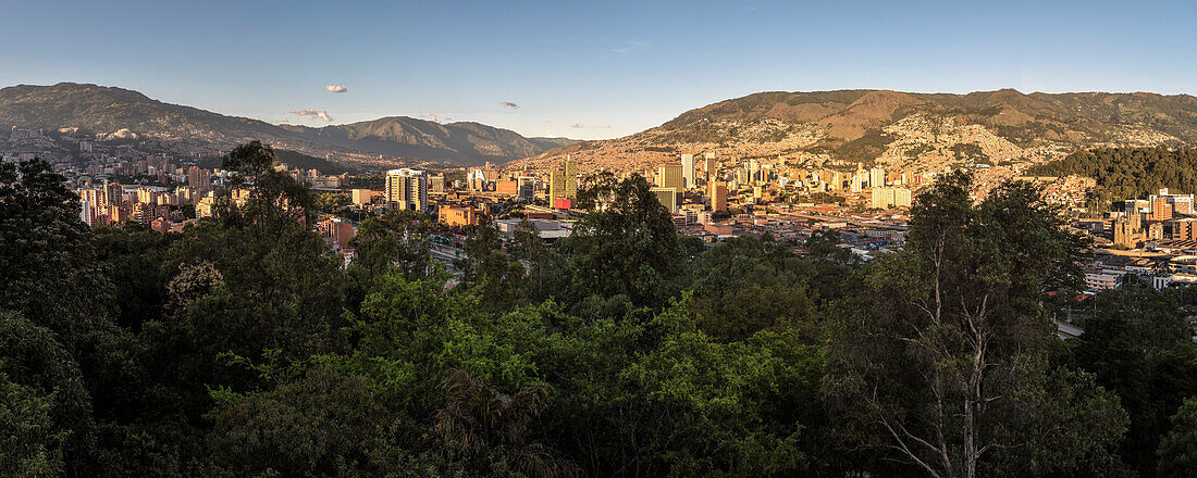 view from Cerro de Nutibara at downtown Medellin with skyscrapers and Andean Peaks, Departmento Antioquia, Colombia, Southamerica