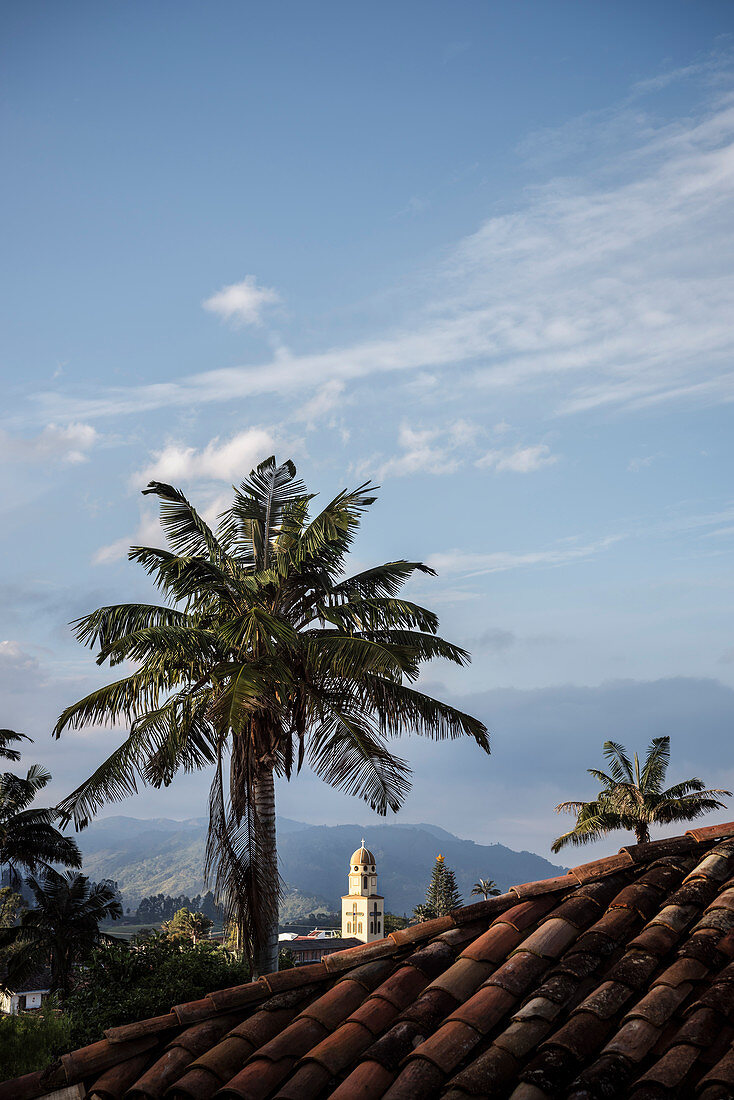 view across red tiled roofs at Salento, UNESCO World Heritage Coffee Triangle, Departmento Quindio, Colombia, Southamerica