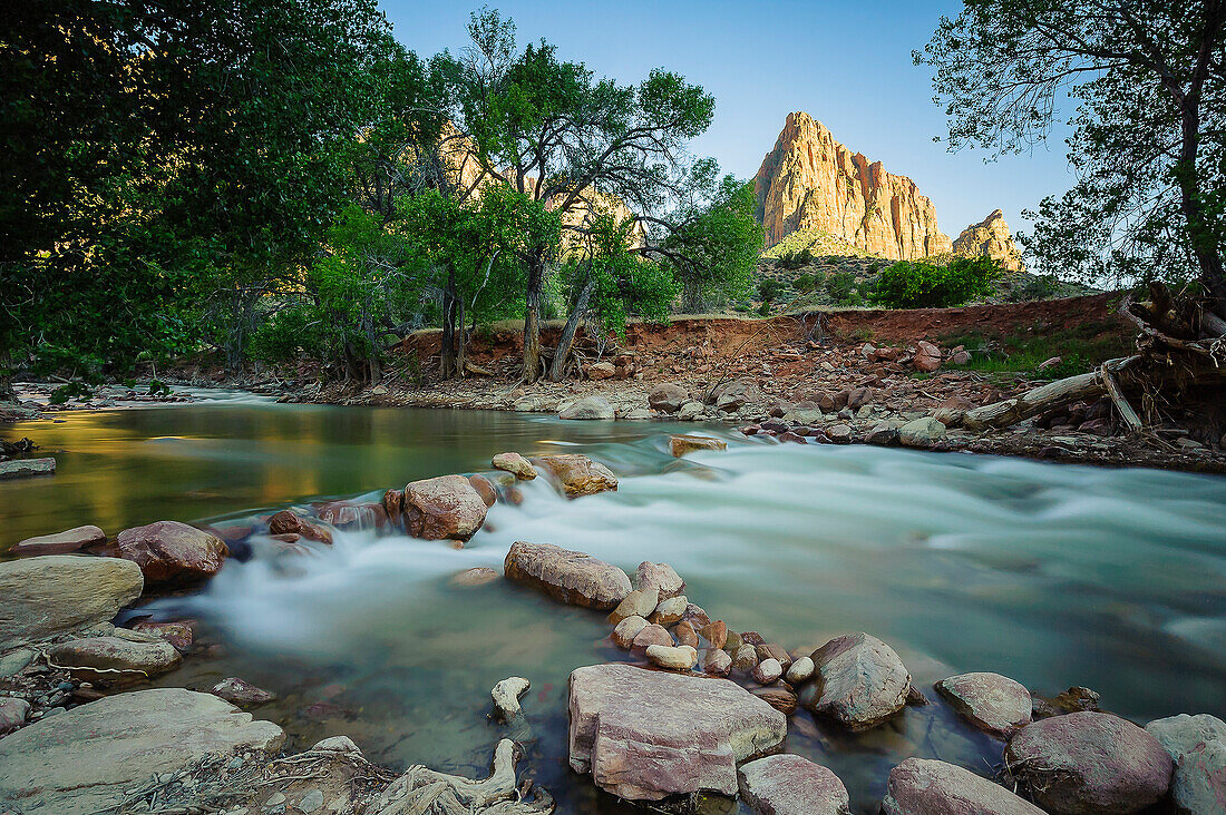 Virgin River and Mount Watchman, Zion Canyon, Utah, USA