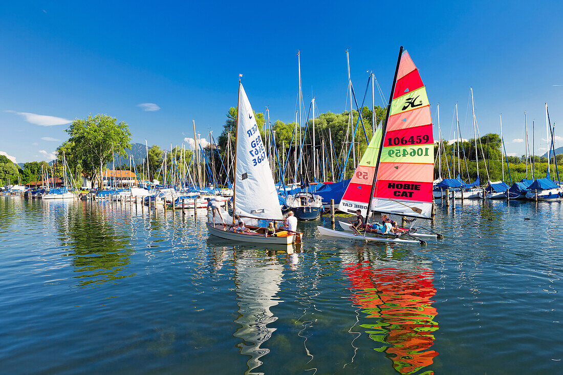Sailors in the Port field on the Chiemsee Wieser Bay; two sailing boats are reflected in the clear water; framed by blue skies and green trees