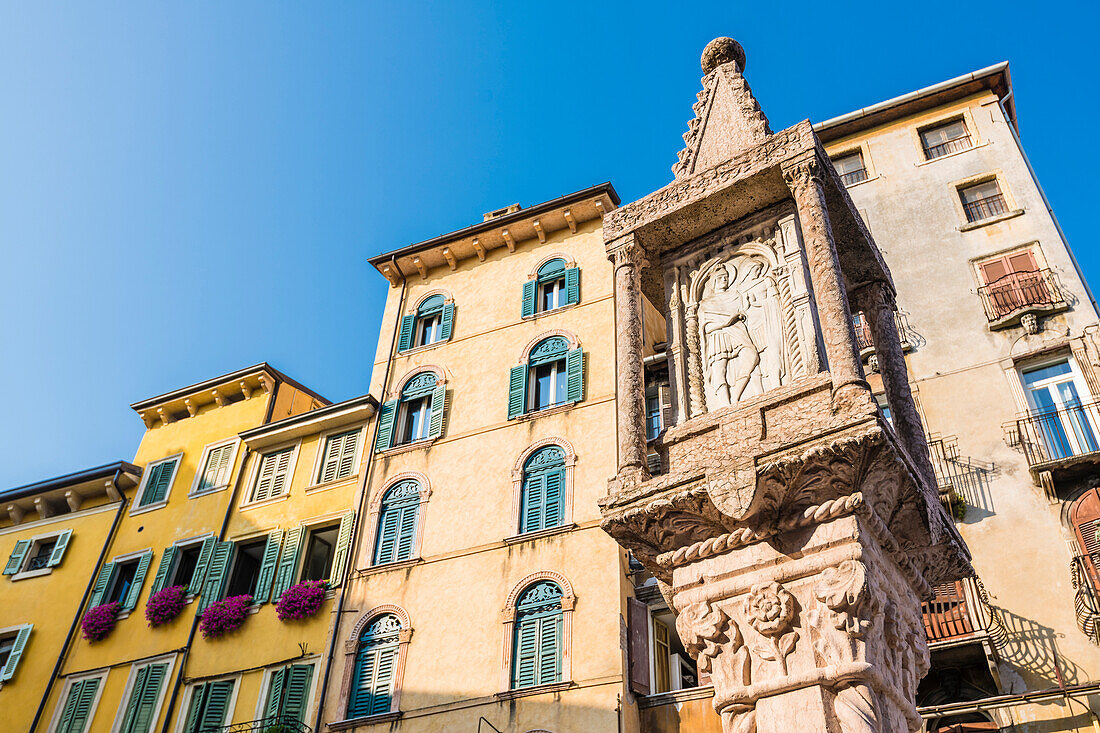The Colonna Antica column on Piazza delle Erbe in front of houses in the old town, Verona, Veneto, Italy