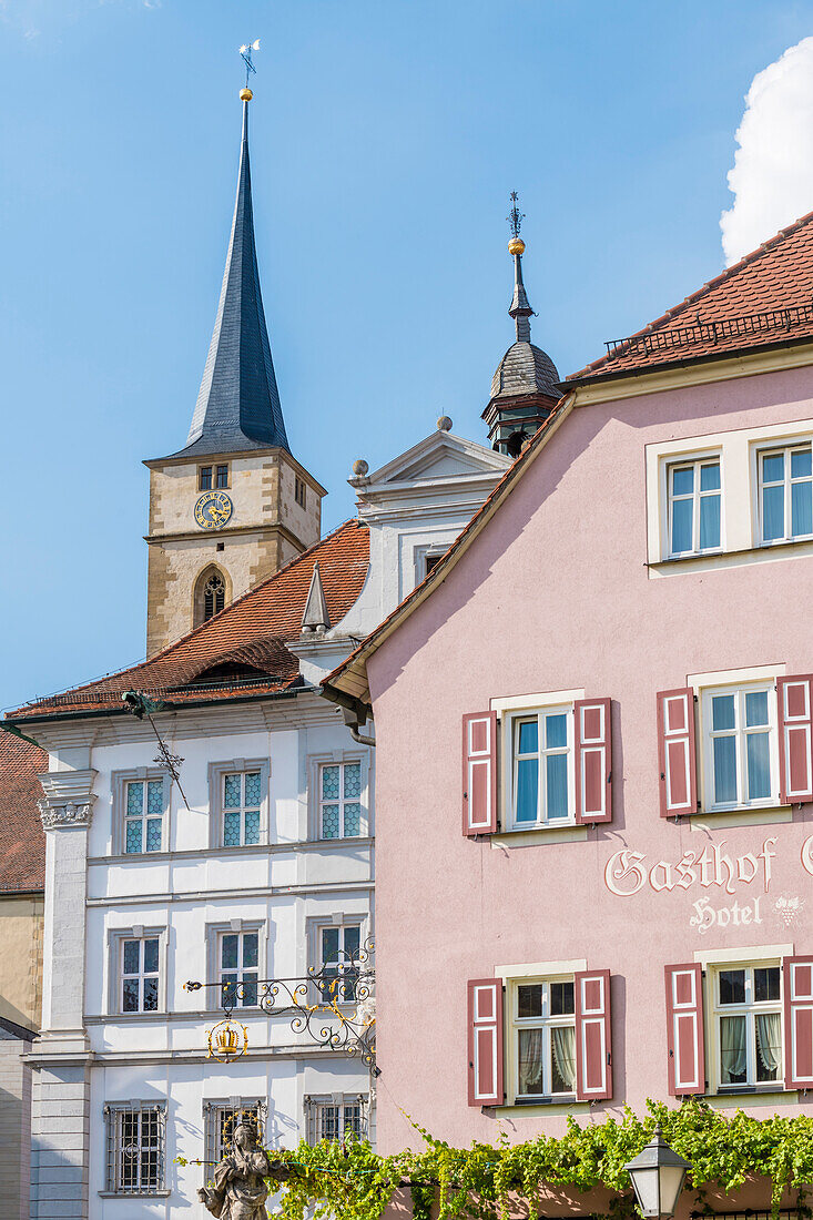 Market Place, Town Hall, Parish Church St. Veit, Iphofen, Franconia, Bavaria, Germany