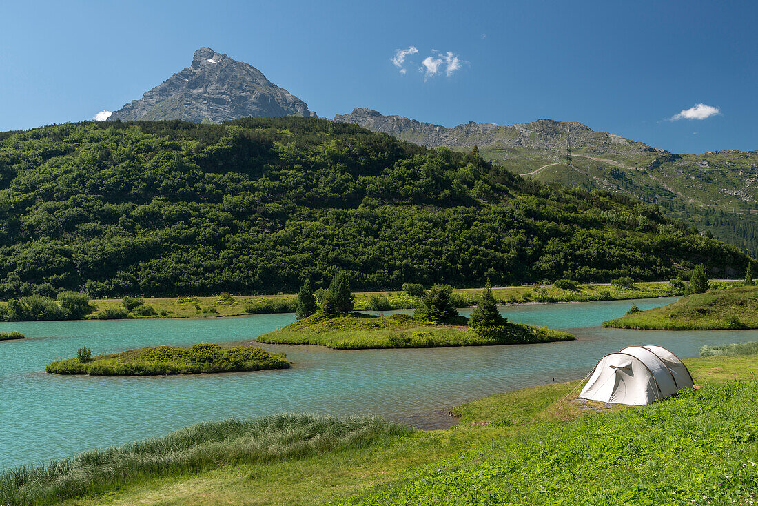 Lake Zeinissee, Mt. Ballunspitze, clear sky, tent, Bludenz, Vorarlberg, Austria, Europe