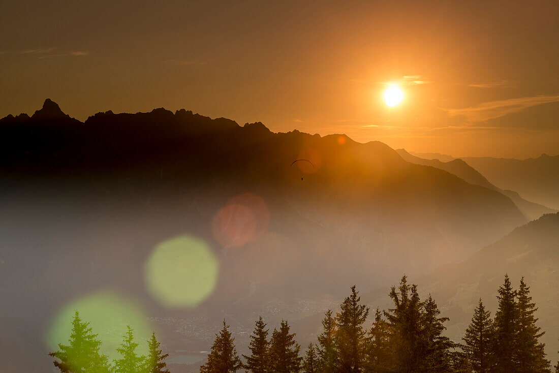 Rätikon, mountain range, sunset, glider, lens flare, Bludenz, Vorarlberg, Austria, Europe