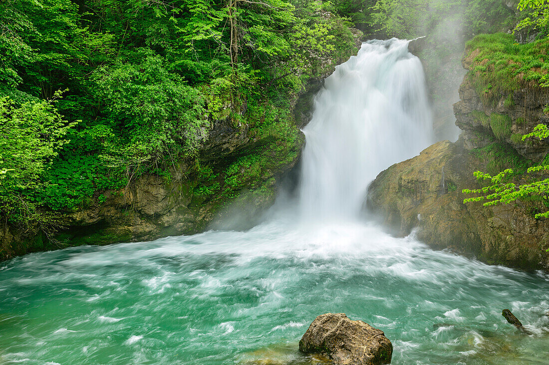 Sum-Wasserfall am Fluss Radovna, Vintgar-Klamm, Radovna-Tal, Julische Alpen, Slowenien