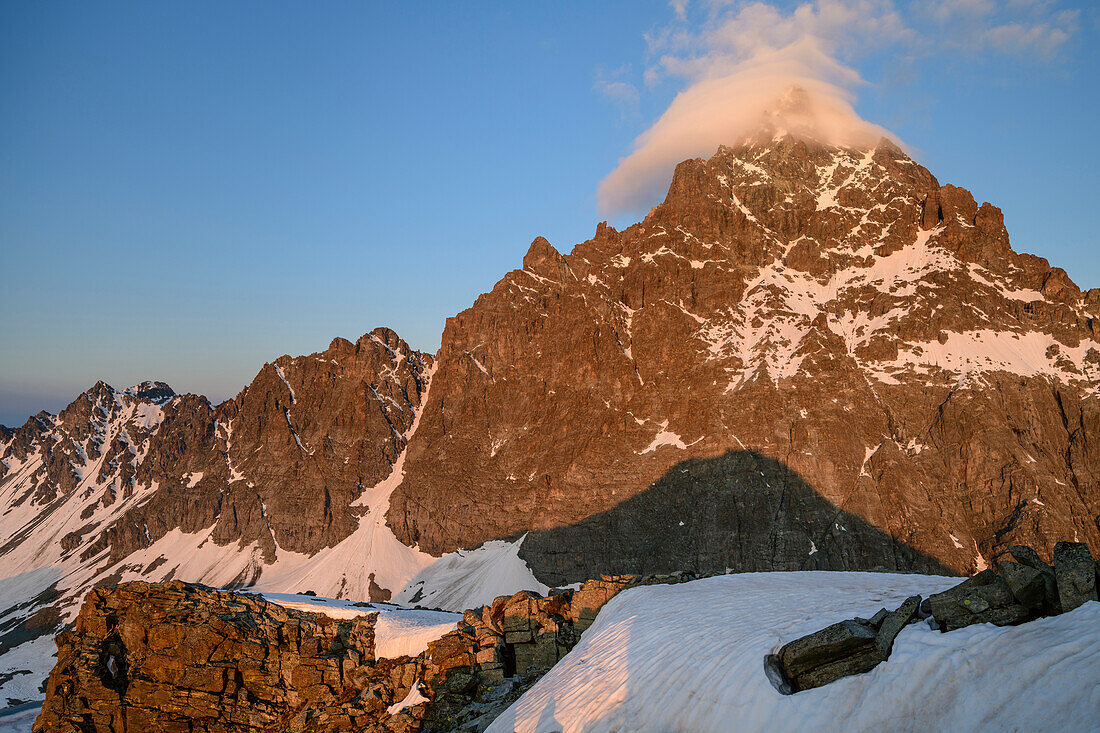 Summit of Monviso covered in a cloud, at Viso Mozzo, Giro di Monviso, Monte Viso, Monviso, Cottian Alps, Piedmont, Italy