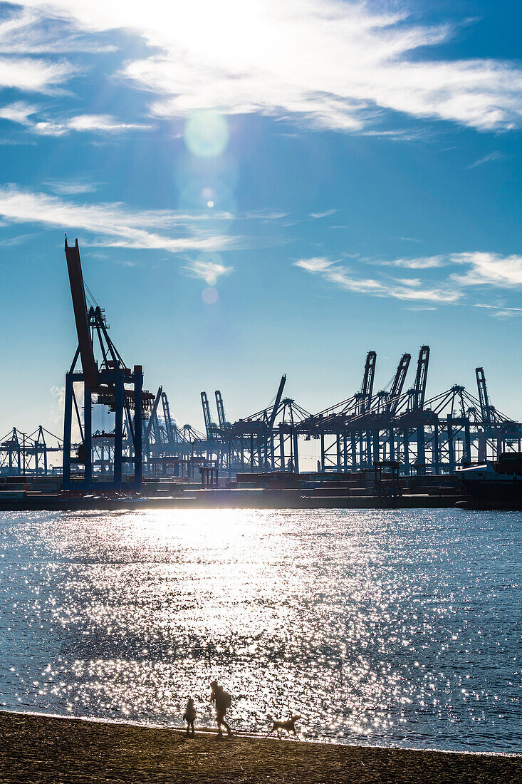 Elbstrand und Containerhafen Burchardkai, Hamburg, Deutschland