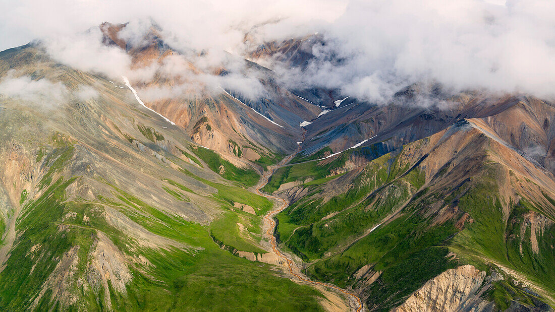 aerial of a riverbed in the Kluane National Parc, Yukon Territory, Canada
