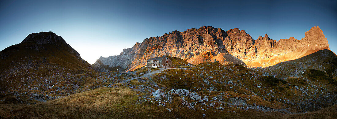 panoramic view of Lamsenjochhuette alpine hut, morning, autumn,  Eastern Karwendel Range, Tyrol, Austria