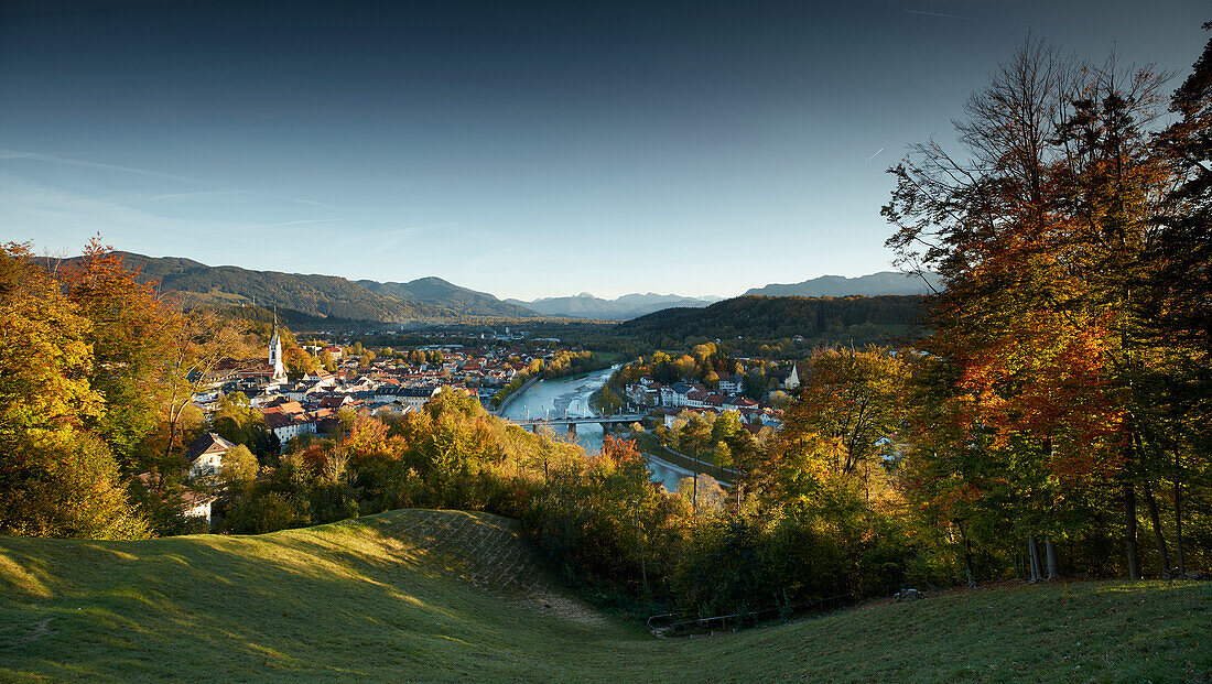 view from Kalvarienberg to Bad Toelz and River Isar, river Isar, bavaria, germany