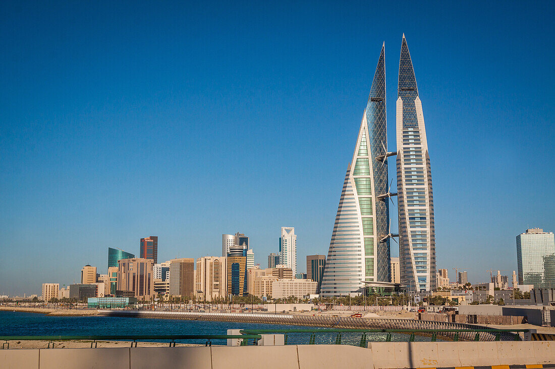 skyline of manama with the twin towers of the bahrain world trade center, manama, kingdom of bahrain, persian gulf, middle east