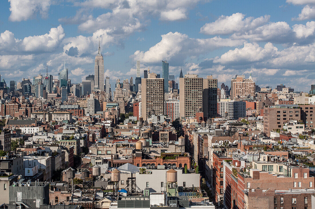 perspective of the skyline of midtown and manhattan from a rooftop in tribeca, manhattan, new york city, new york, united states, usa