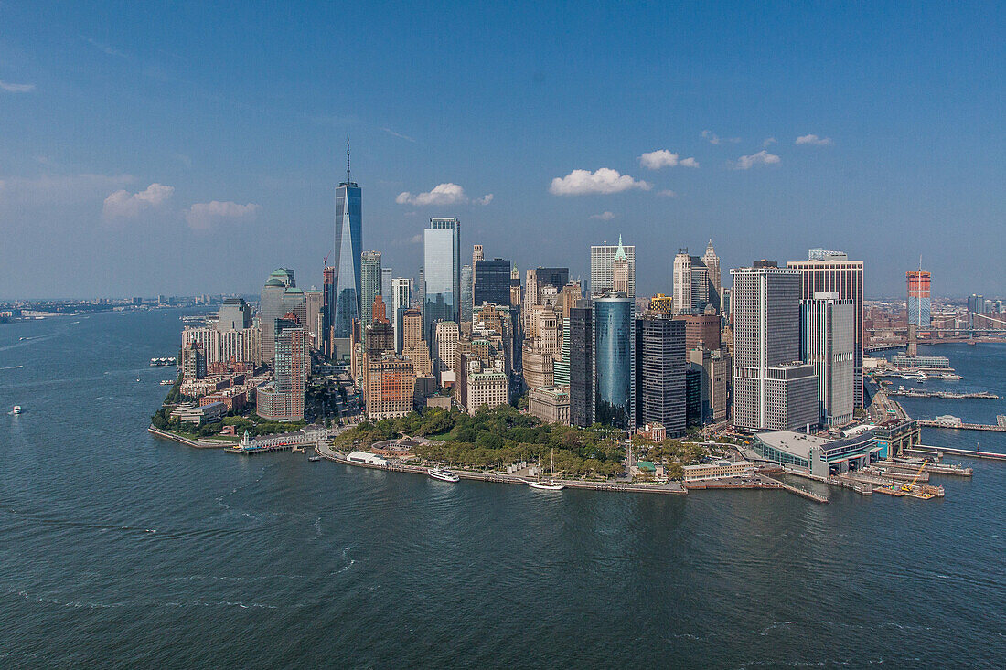 panorama of new york and the financial district taken during a flight in a helicopter, manhattan, new york city, new york, united states, usa