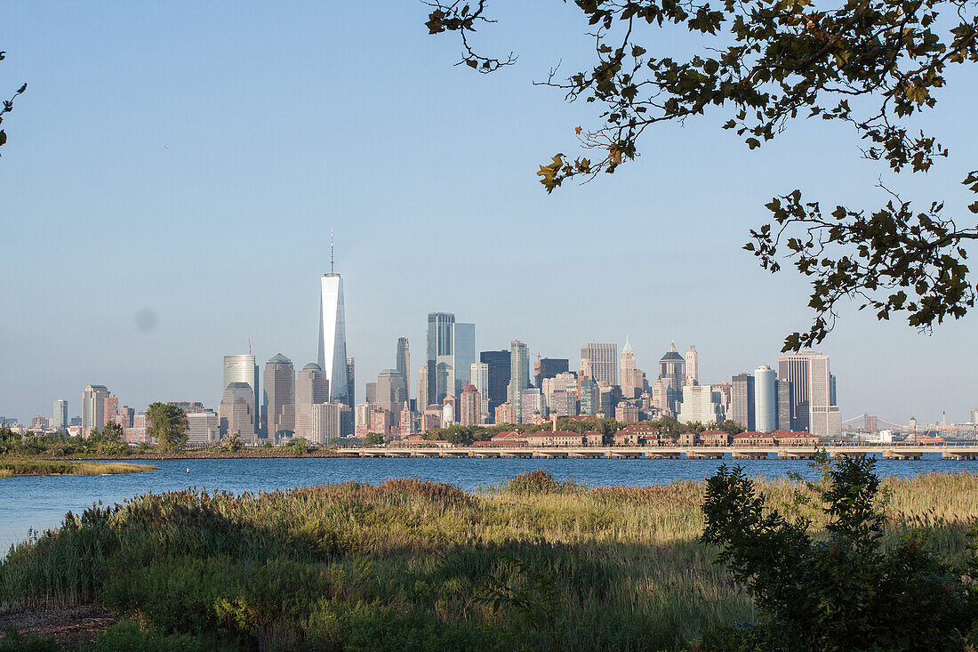 view of the skyline of manhattan and one world trade center, manhattan, new york city, new york, united states, usa