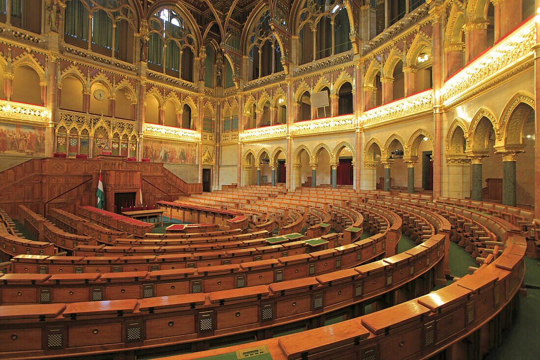 Hungary, Budapest, Parliament, Orszaghaz, interior, Debating Chamber