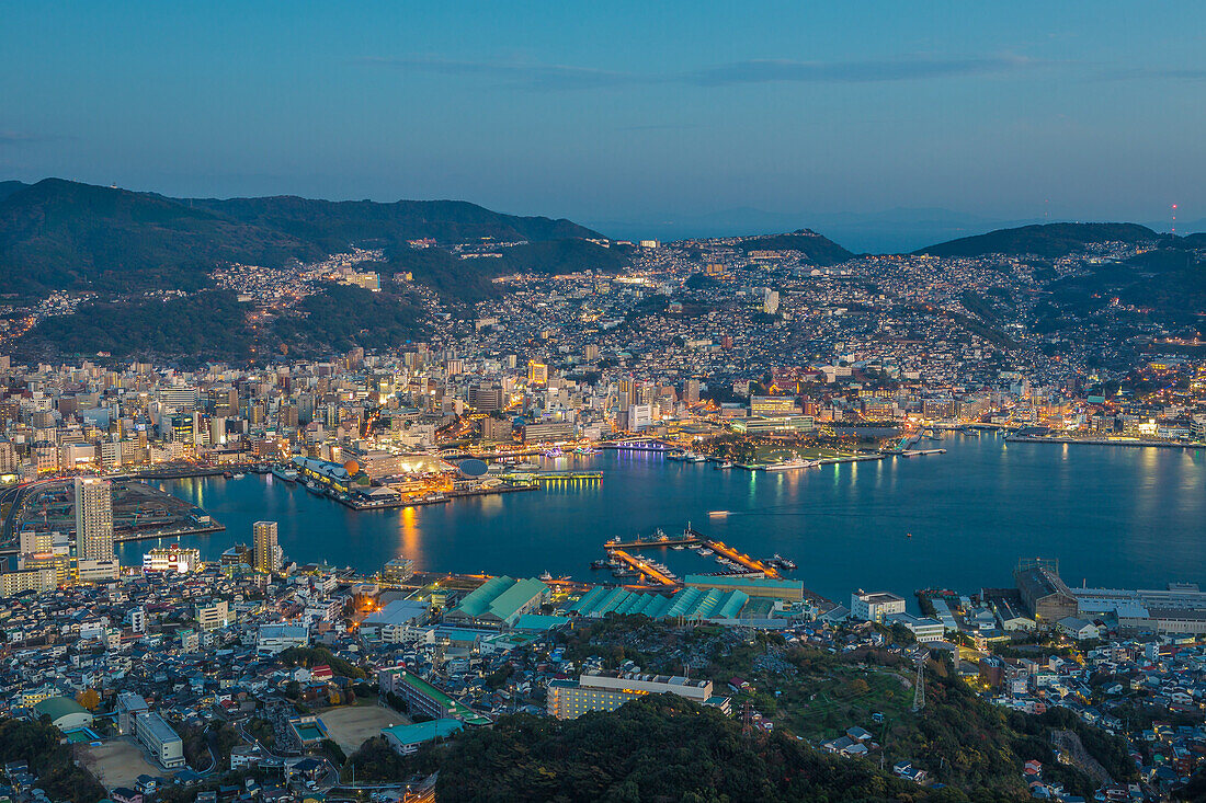 Japan, Kyushu, Nagasaki City, Nagasaki Bay at sunset from Mount Inasa