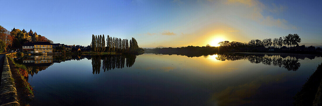 Europe France Castle Combourg and tranquil lake in Brittany