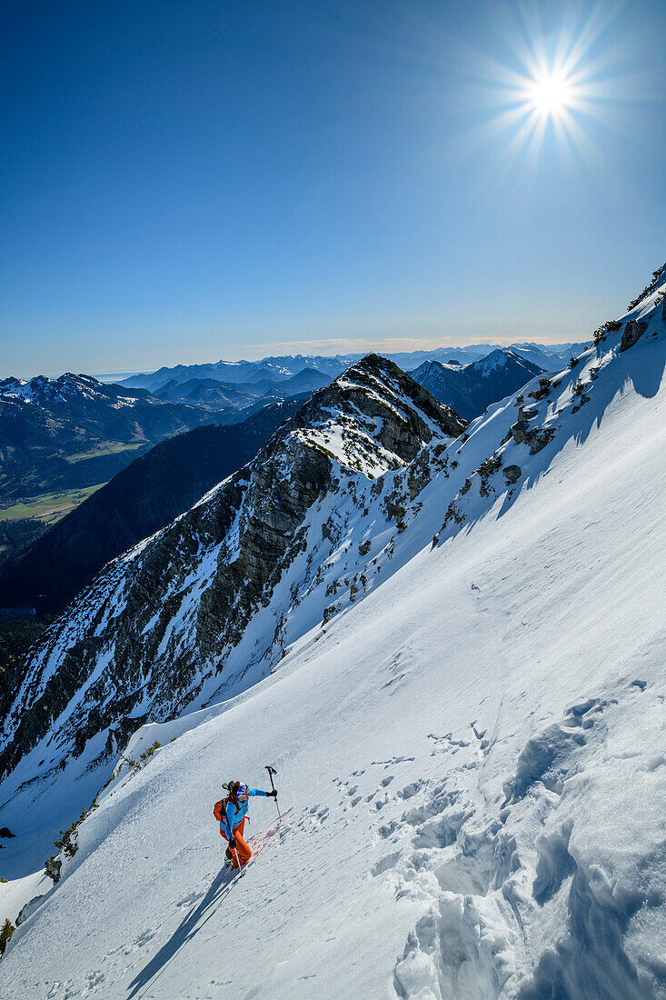 Woman backcountry-skiing ascending on foot on steep face, Hochmiesing, Spitzing, Bavarian Alps, Upper Bavaria, Bavaria, Germany