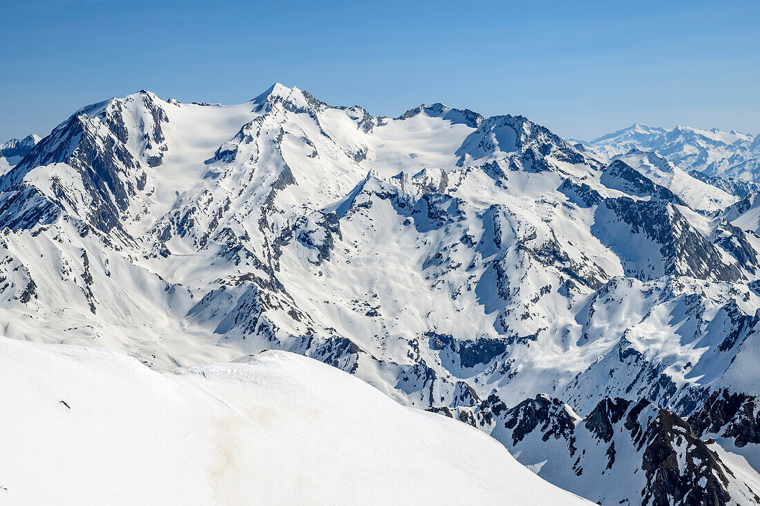Verschneite Gipfel und Gletscher von Hochferner und Hochfeiler, von Wilde Kreuzspitze, Pfitschtal, Zillertaler Alpen, Südtirol, Italien