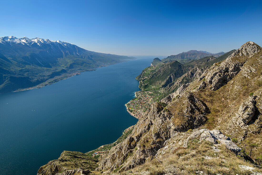 View towards lake Garda and Garda Mountains, lake Garda, Garda Mountains, Trentino, Italy