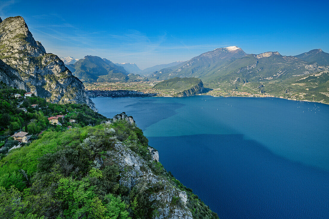 View towards lake Garda and Garda Mountains, lake Garda, Garda Mountains, Trentino, Italy