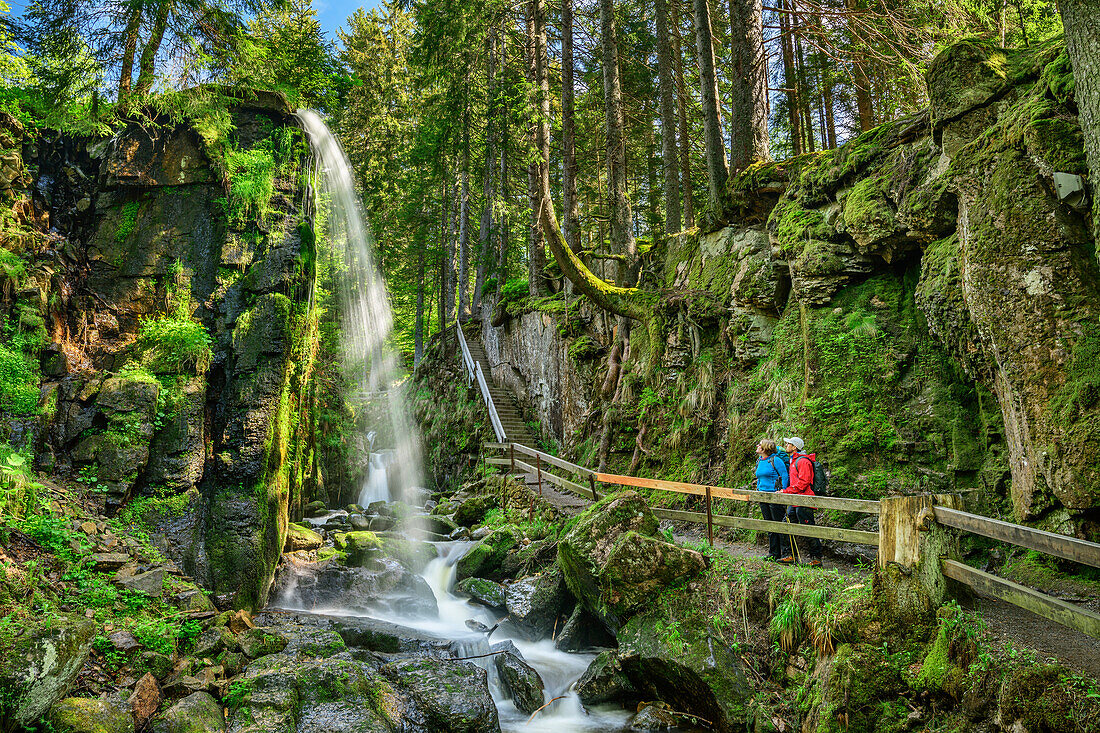 Two persons standing on trail and looking towards waterfall in Menzenschwand, waterfall Menzenschwand, Albsteig, Black Forest, Baden-Wuerttemberg, Germany