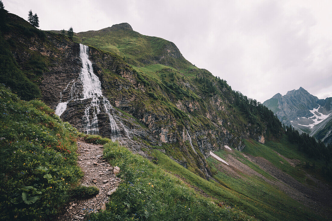 Waterfall in the mountains, E5, Alpenüberquerung, 2nd stage, Lechtal, Kemptner Hütte  to Memminger Hütte, tyrol, austria, Alps