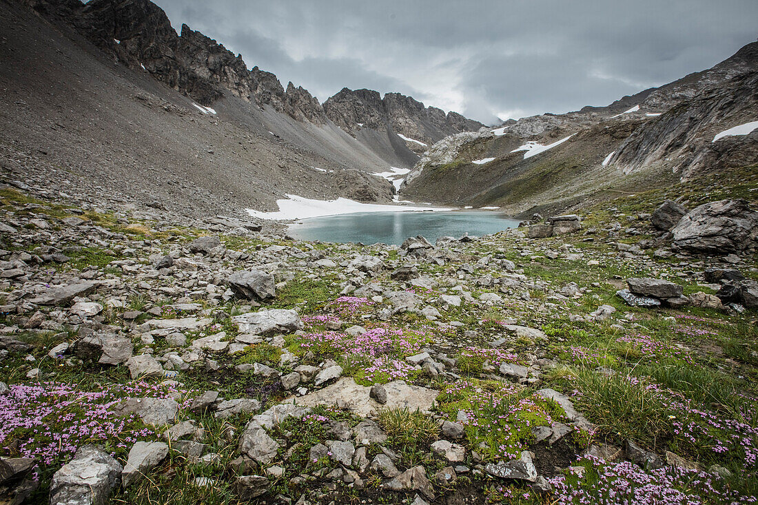 Mountain lake at the Seescharte, E5, Alpenüberquerung, 3rd stage, Seescharte,Inntal, Memminger Hütte to  Unterloch Alm, tyrol, austria, Alps