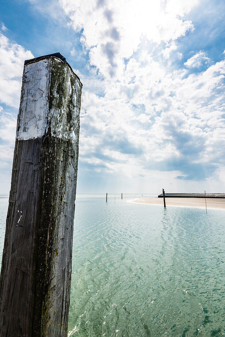 Pfahl im Hafen bei Ebbe, Wangerooge, Ostfriesland, Niedersachsen, Deutschland