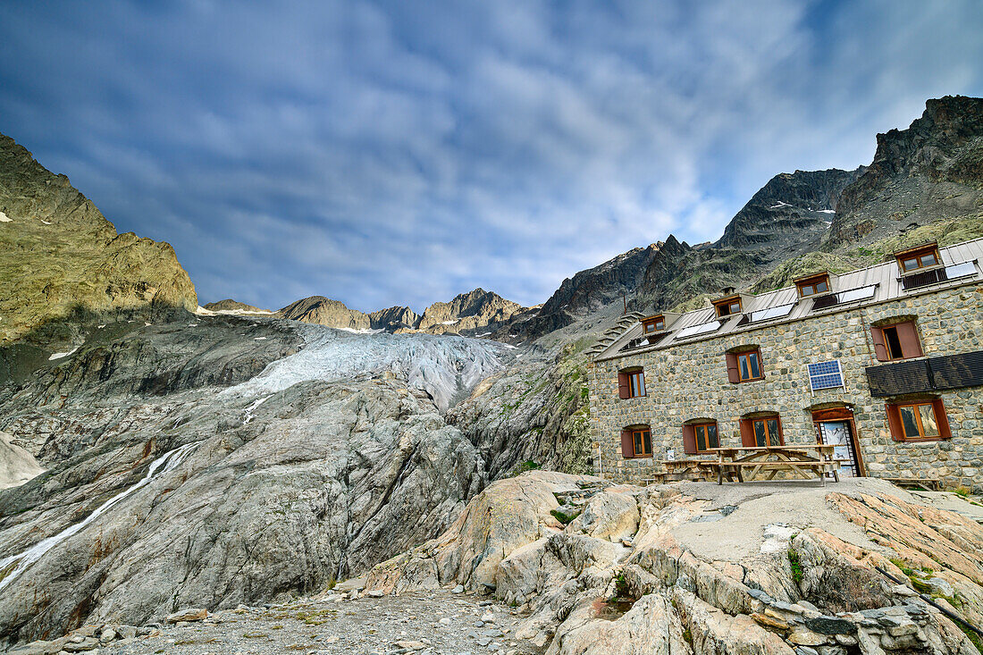 Hütte Refuge Glacier Blanc mit Glacier Blanc, Refuge Glacier Blanc, Ecrins, Nationalpark Ecrins, Dauphine, Dauphiné, Hautes Alpes, Frankreich