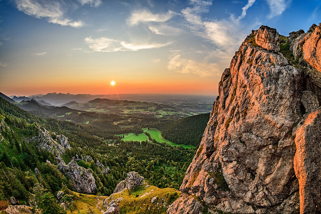 Sunset over samerberg and mangfall mountains, high-ries, Chiemgau Alps, Chiemgau, Upper Bavaria, Bavaria, Germany