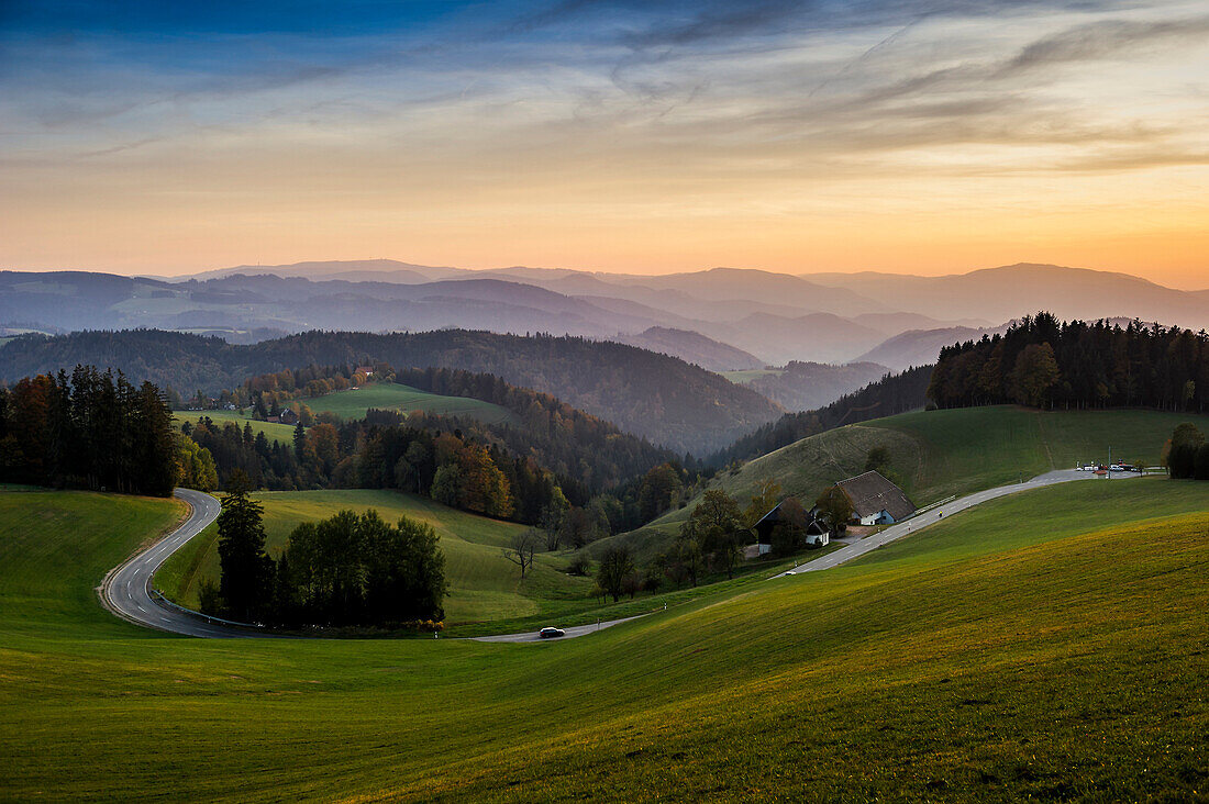 View of hilly landscape,  evening light, near St Märgen, Black Forest, Baden-Württemberg, Germany